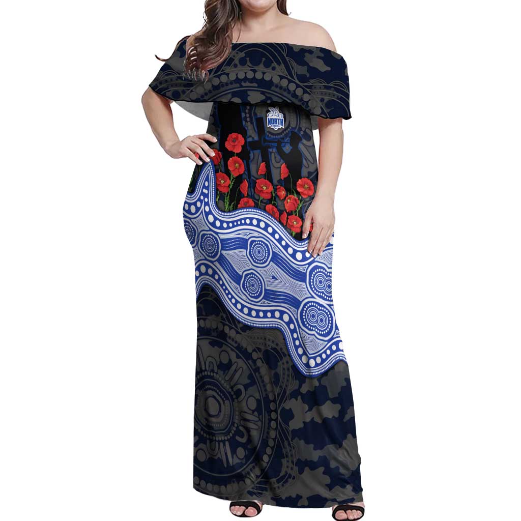 North Melbourne Kangaroos ANZAC Day Off Shoulder Maxi Dress Indigenous Dot Art with Poppy Flower Tribute