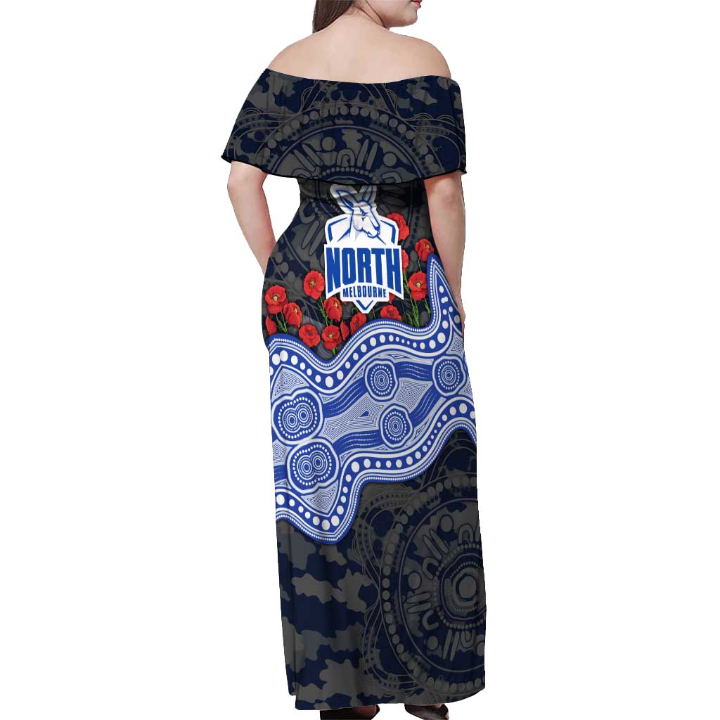 North Melbourne Kangaroos ANZAC Day Off Shoulder Maxi Dress Indigenous Dot Art with Poppy Flower Tribute
