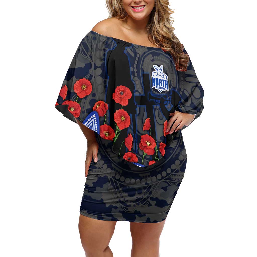 North Melbourne Kangaroos ANZAC Day Off Shoulder Short Dress Indigenous Dot Art with Poppy Flower Tribute