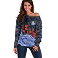 North Melbourne Kangaroos ANZAC Day Off Shoulder Sweater Indigenous Dot Art with Poppy Flower Tribute
