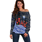 North Melbourne Kangaroos ANZAC Day Off Shoulder Sweater Indigenous Dot Art with Poppy Flower Tribute