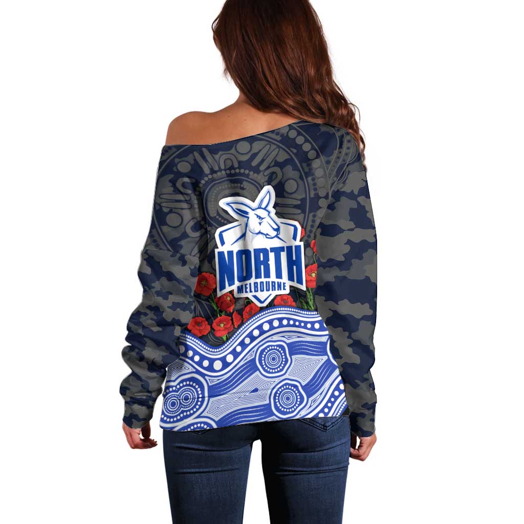 North Melbourne Kangaroos ANZAC Day Off Shoulder Sweater Indigenous Dot Art with Poppy Flower Tribute