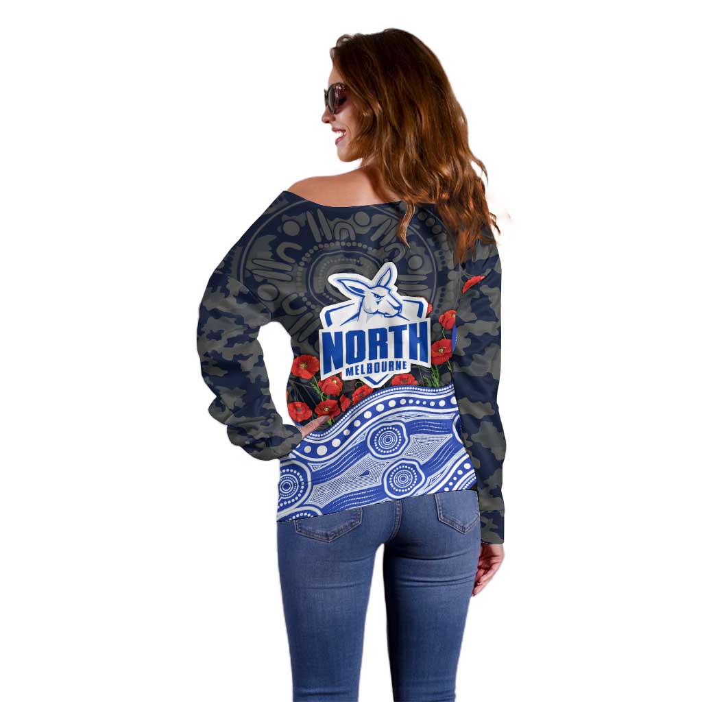 North Melbourne Kangaroos ANZAC Day Off Shoulder Sweater Indigenous Dot Art with Poppy Flower Tribute