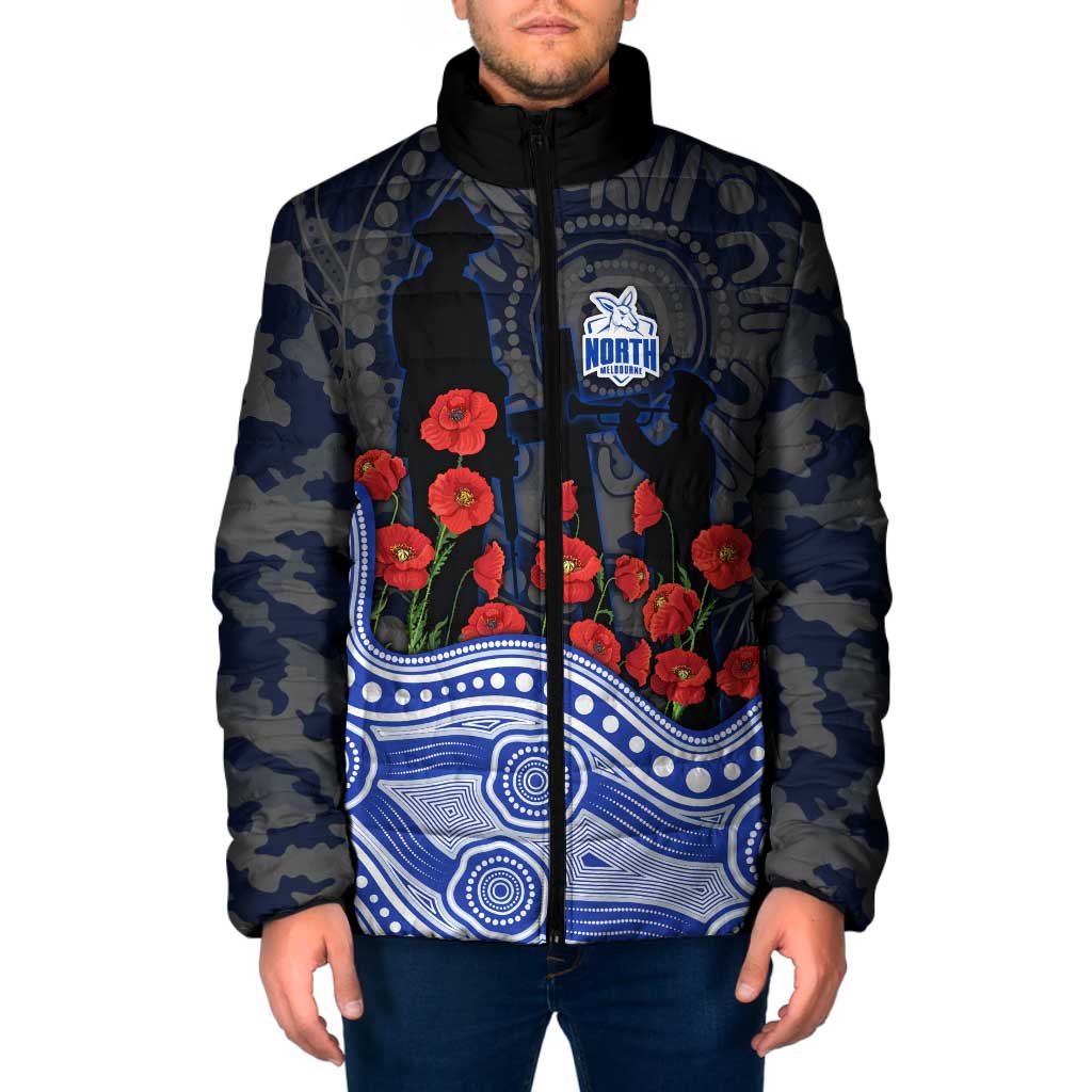 North Melbourne Kangaroos ANZAC Day Padded Jacket Indigenous Dot Art with Poppy Flower Tribute