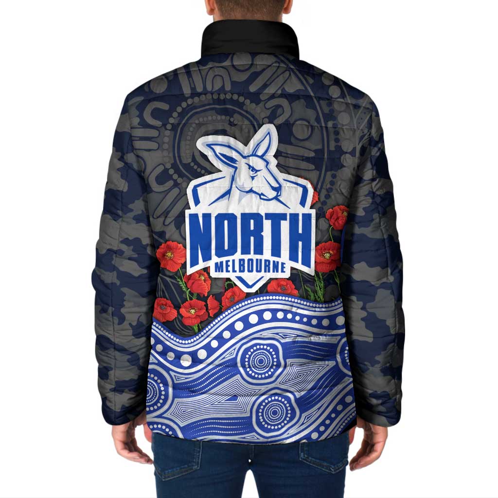 North Melbourne Kangaroos ANZAC Day Padded Jacket Indigenous Dot Art with Poppy Flower Tribute