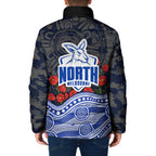 North Melbourne Kangaroos ANZAC Day Padded Jacket Indigenous Dot Art with Poppy Flower Tribute