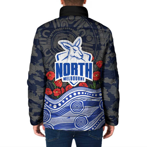 North Melbourne Kangaroos ANZAC Day Padded Jacket Indigenous Dot Art with Poppy Flower Tribute