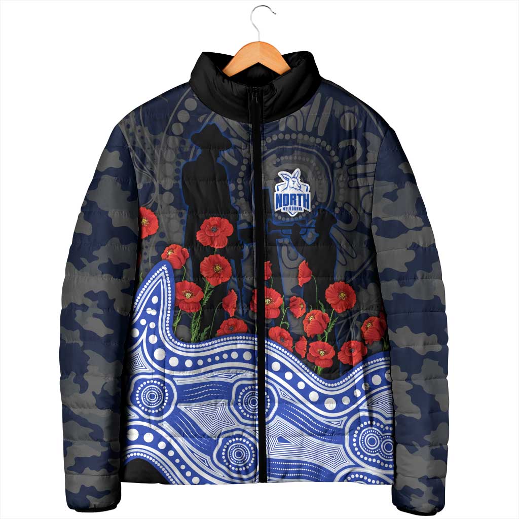 North Melbourne Kangaroos ANZAC Day Padded Jacket Indigenous Dot Art with Poppy Flower Tribute