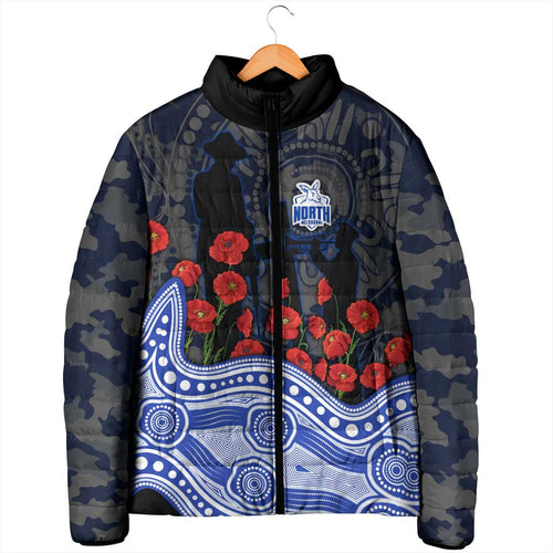 North Melbourne Kangaroos ANZAC Day Padded Jacket Indigenous Dot Art with Poppy Flower Tribute