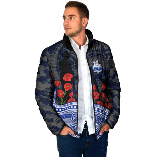 North Melbourne Kangaroos ANZAC Day Padded Jacket Indigenous Dot Art with Poppy Flower Tribute