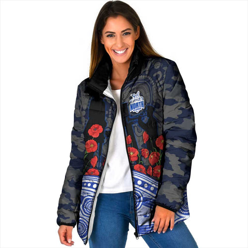 North Melbourne Kangaroos ANZAC Day Padded Jacket Indigenous Dot Art with Poppy Flower Tribute