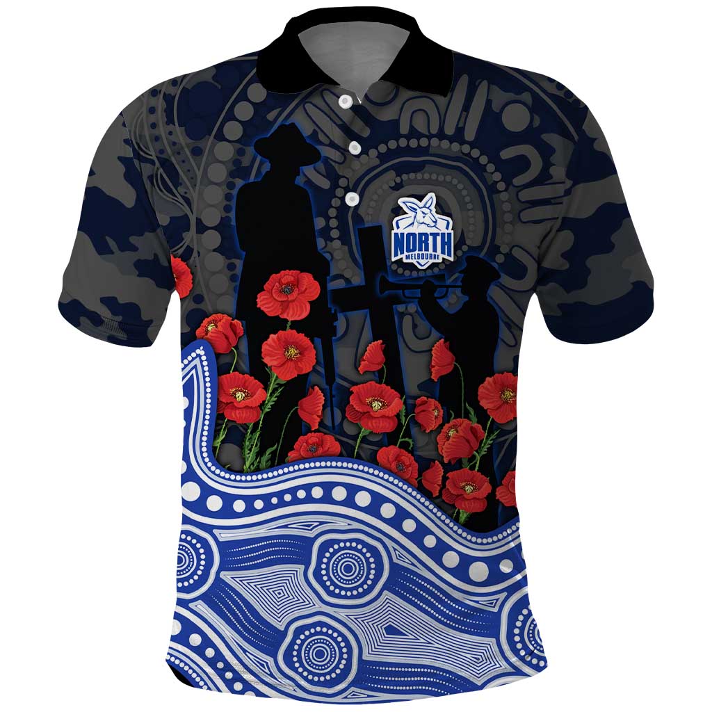 North Melbourne Kangaroos ANZAC Day Polo Shirt Indigenous Dot Art with Poppy Flower Tribute