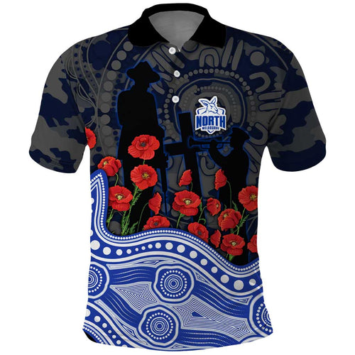 North Melbourne Kangaroos ANZAC Day Polo Shirt Indigenous Dot Art with Poppy Flower Tribute