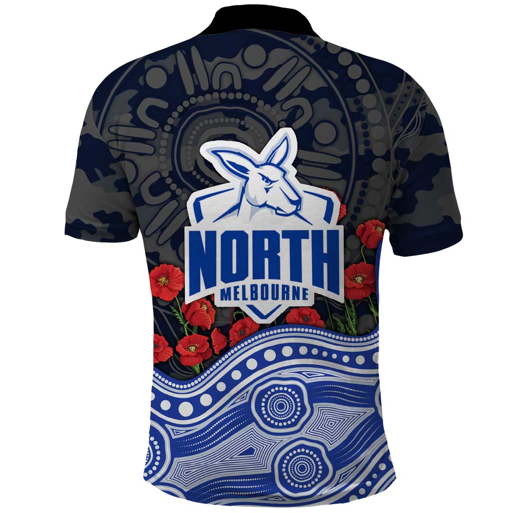 North Melbourne Kangaroos ANZAC Day Polo Shirt Indigenous Dot Art with Poppy Flower Tribute