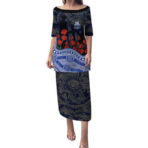North Melbourne Kangaroos ANZAC Day Puletasi Indigenous Dot Art with Poppy Flower Tribute