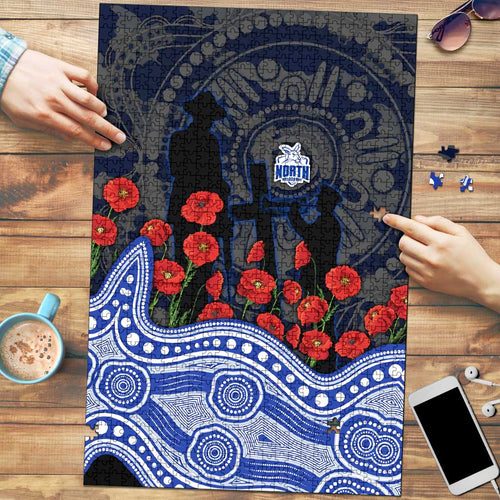 North Melbourne Kangaroos ANZAC Day Puzzle Indigenous Dot Art with Poppy Flower Tribute