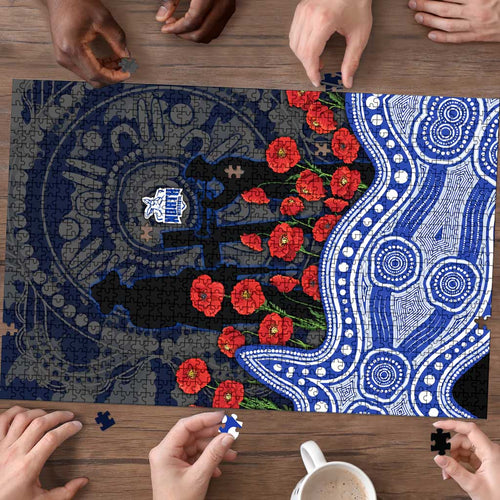 North Melbourne Kangaroos ANZAC Day Puzzle Indigenous Dot Art with Poppy Flower Tribute