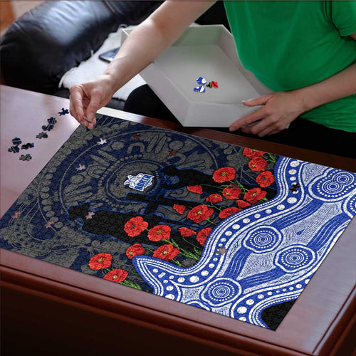 North Melbourne Kangaroos ANZAC Day Puzzle Indigenous Dot Art with Poppy Flower Tribute