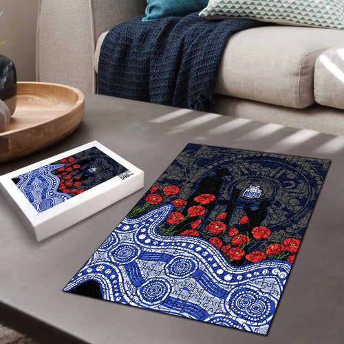 North Melbourne Kangaroos ANZAC Day Puzzle Indigenous Dot Art with Poppy Flower Tribute