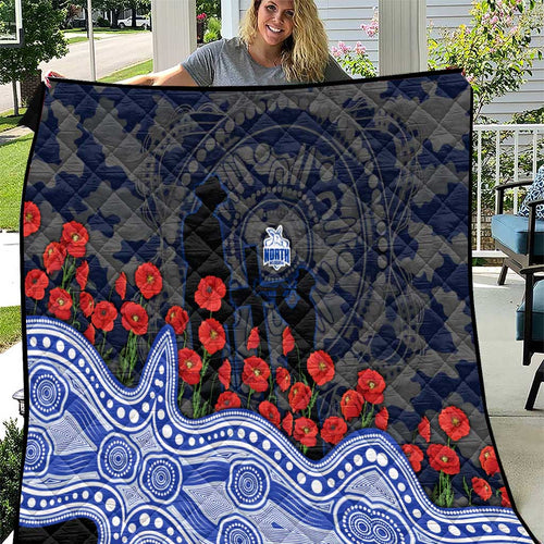 North Melbourne Kangaroos ANZAC Day Quilt Indigenous Dot Art with Poppy Flower Tribute