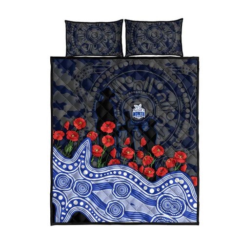 North Melbourne Kangaroos ANZAC Day Quilt Bed Set Indigenous Dot Art with Poppy Flower Tribute