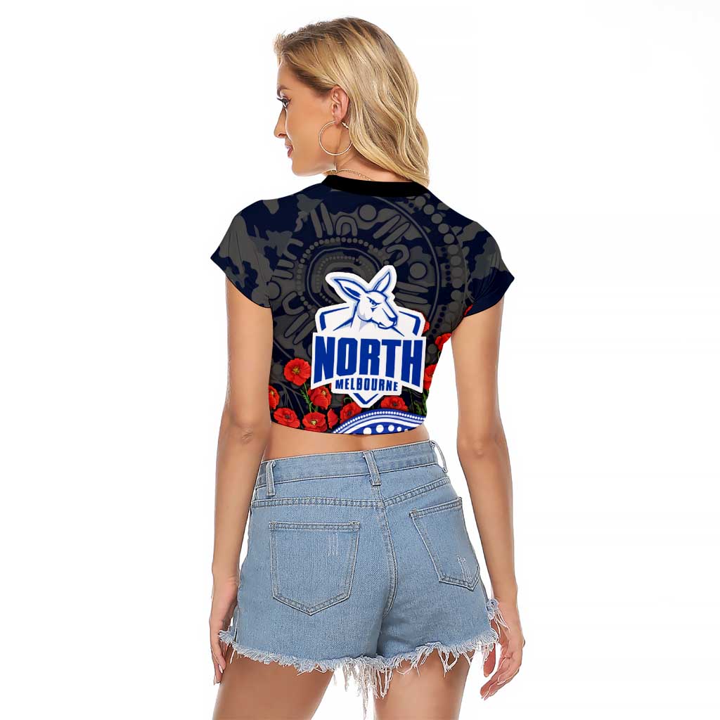 North Melbourne Kangaroos ANZAC Day Raglan Cropped T Shirt Indigenous Dot Art with Poppy Flower Tribute