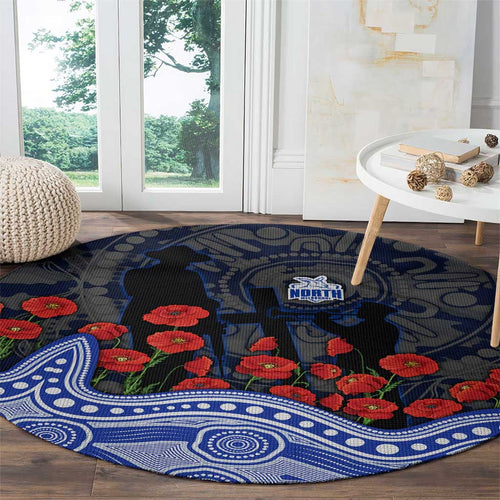 North Melbourne Kangaroos ANZAC Day Round Carpet Indigenous Dot Art with Poppy Flower Tribute