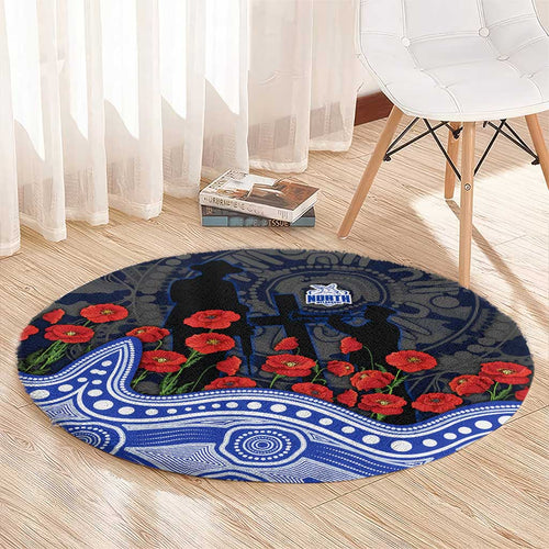 North Melbourne Kangaroos ANZAC Day Round Carpet Indigenous Dot Art with Poppy Flower Tribute