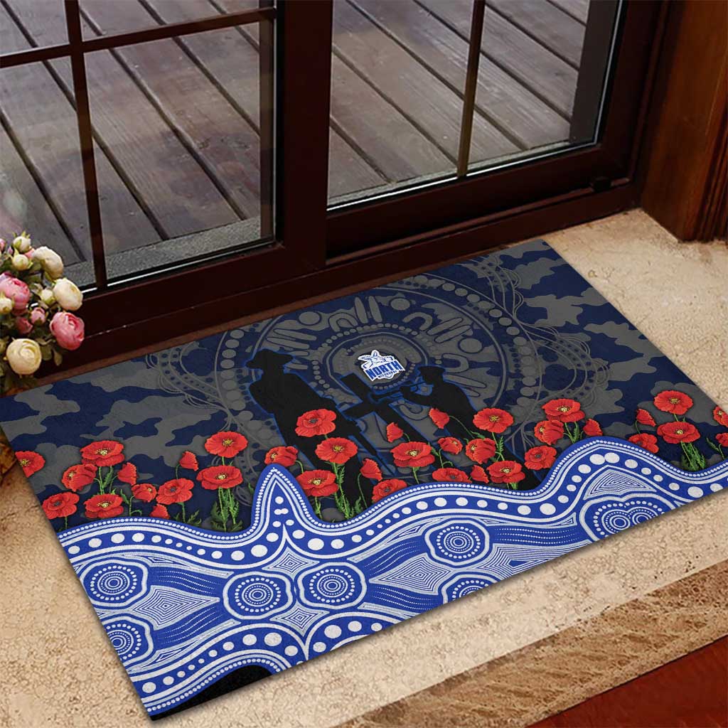 North Melbourne Kangaroos ANZAC Day Rubber Doormat Indigenous Dot Art with Poppy Flower Tribute