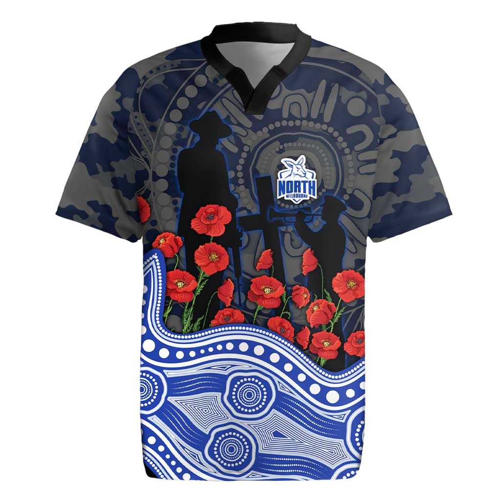North Melbourne Kangaroos ANZAC Day Rugby Jersey Indigenous Dot Art with Poppy Flower Tribute
