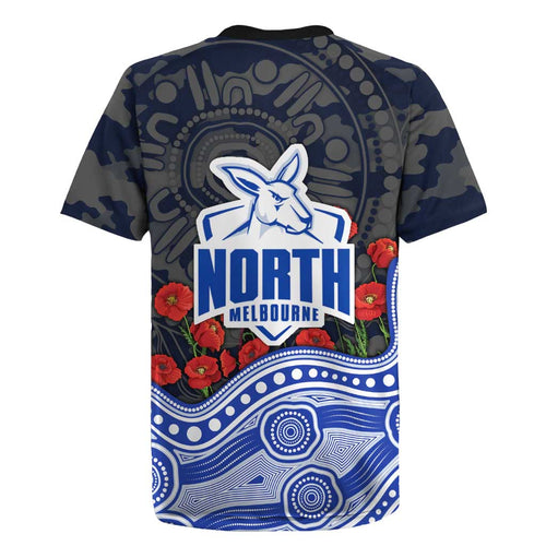 North Melbourne Kangaroos ANZAC Day Rugby Jersey Indigenous Dot Art with Poppy Flower Tribute