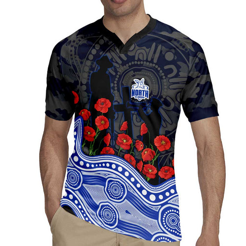 North Melbourne Kangaroos ANZAC Day Rugby Jersey Indigenous Dot Art with Poppy Flower Tribute