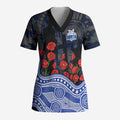 North Melbourne Kangaroos ANZAC Day Scrub Top Indigenous Dot Art with Poppy Flower Tribute