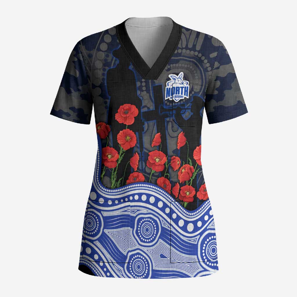 North Melbourne Kangaroos ANZAC Day Scrub Top Indigenous Dot Art with Poppy Flower Tribute