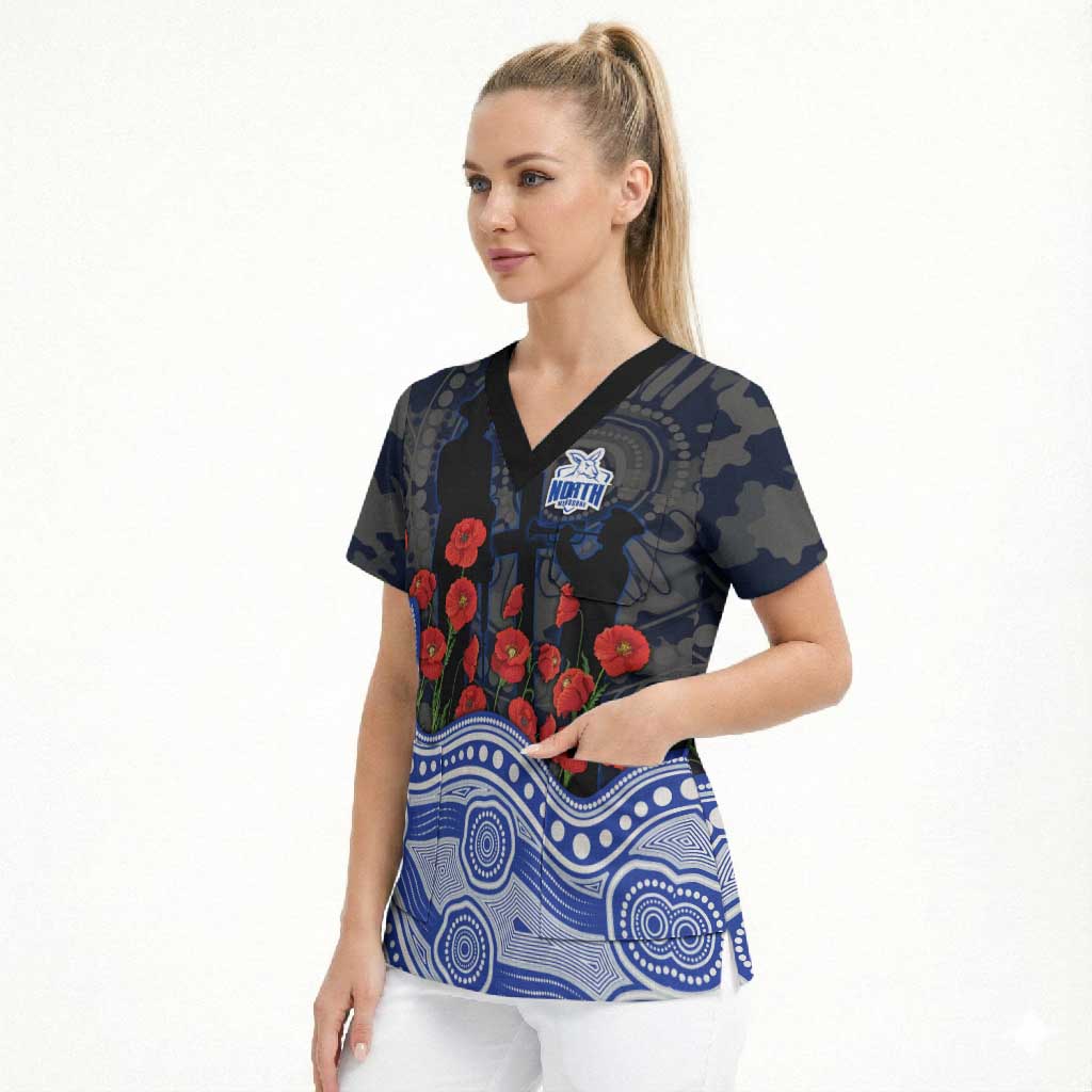 North Melbourne Kangaroos ANZAC Day Scrub Top Indigenous Dot Art with Poppy Flower Tribute