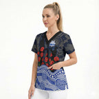 North Melbourne Kangaroos ANZAC Day Scrub Top Indigenous Dot Art with Poppy Flower Tribute