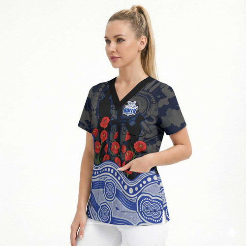 North Melbourne Kangaroos ANZAC Day Scrub Top Indigenous Dot Art with Poppy Flower Tribute