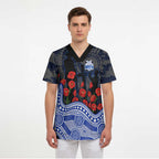North Melbourne Kangaroos ANZAC Day Scrub Top Indigenous Dot Art with Poppy Flower Tribute