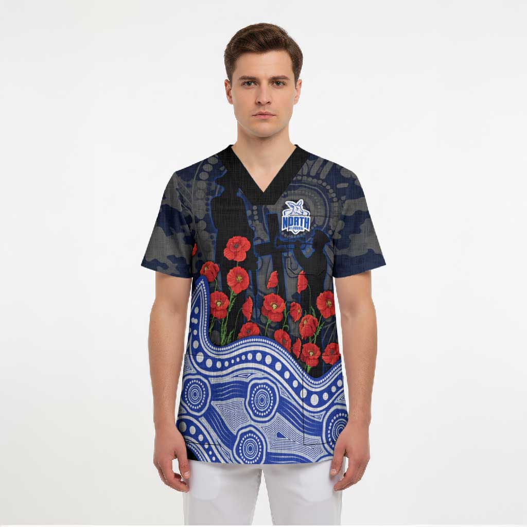 North Melbourne Kangaroos ANZAC Day Scrub Top Indigenous Dot Art with Poppy Flower Tribute