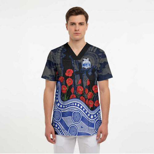 North Melbourne Kangaroos ANZAC Day Scrub Top Indigenous Dot Art with Poppy Flower Tribute