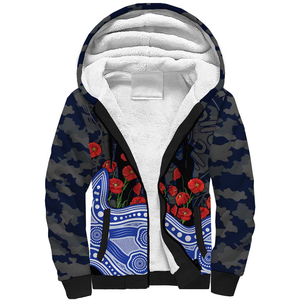 North Melbourne Kangaroos ANZAC Day Sherpa Hoodie Indigenous Dot Art with Poppy Flower Tribute