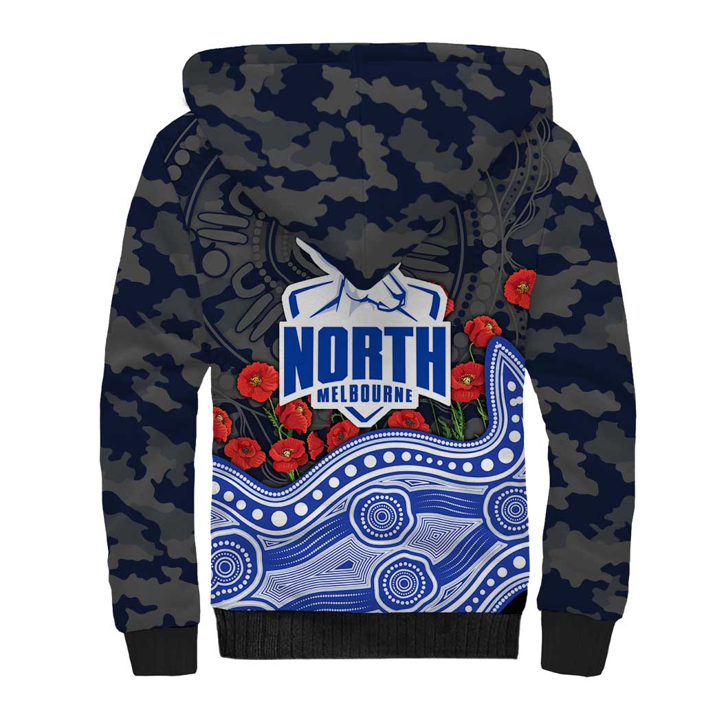North Melbourne Kangaroos ANZAC Day Sherpa Hoodie Indigenous Dot Art with Poppy Flower Tribute