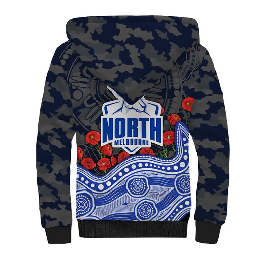 North Melbourne Kangaroos ANZAC Day Sherpa Hoodie Indigenous Dot Art with Poppy Flower Tribute