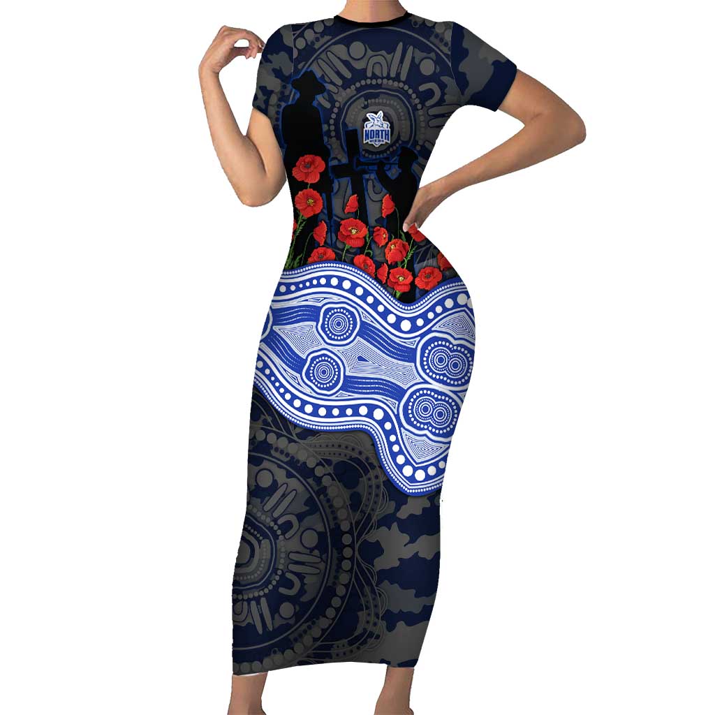 North Melbourne Kangaroos ANZAC Day Short Sleeve Bodycon Dress Indigenous Dot Art with Poppy Flower Tribute
