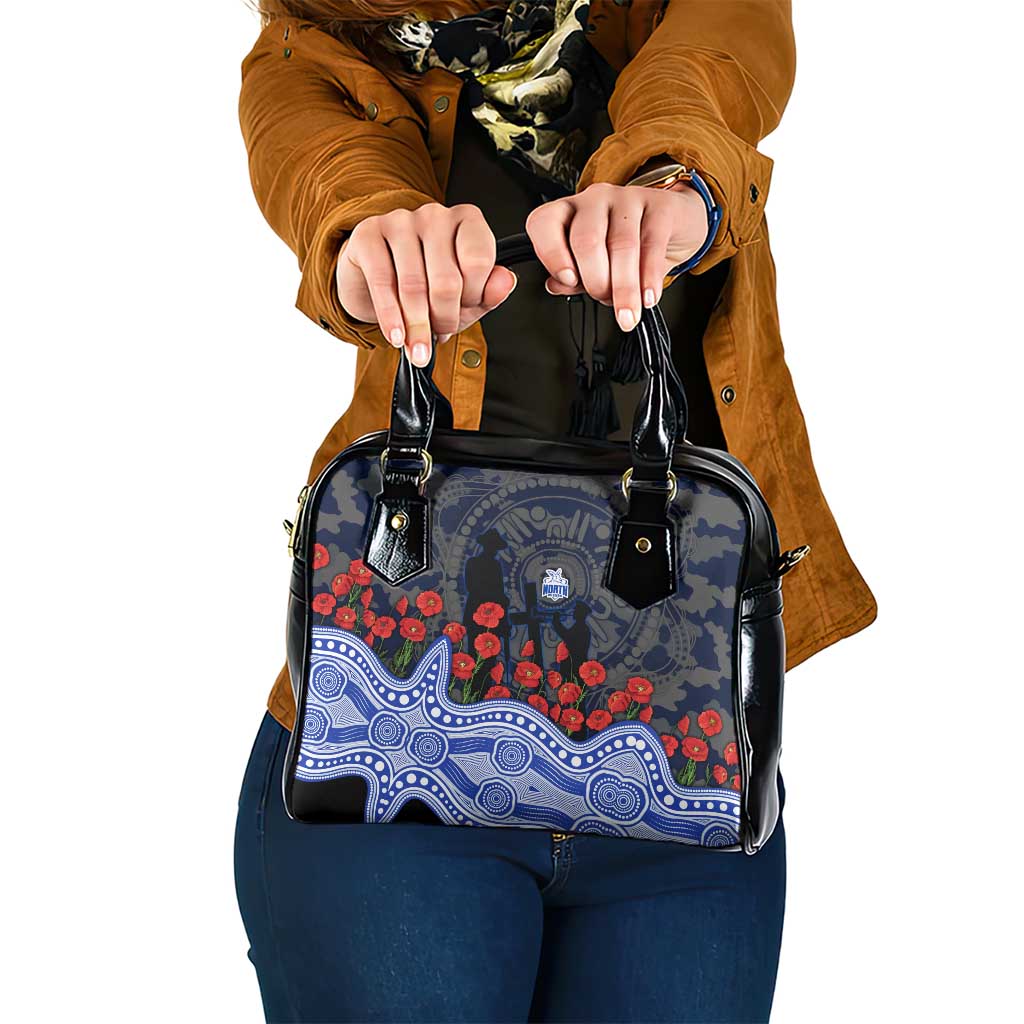 North Melbourne Kangaroos ANZAC Day Shoulder Handbag Indigenous Dot Art with Poppy Flower Tribute