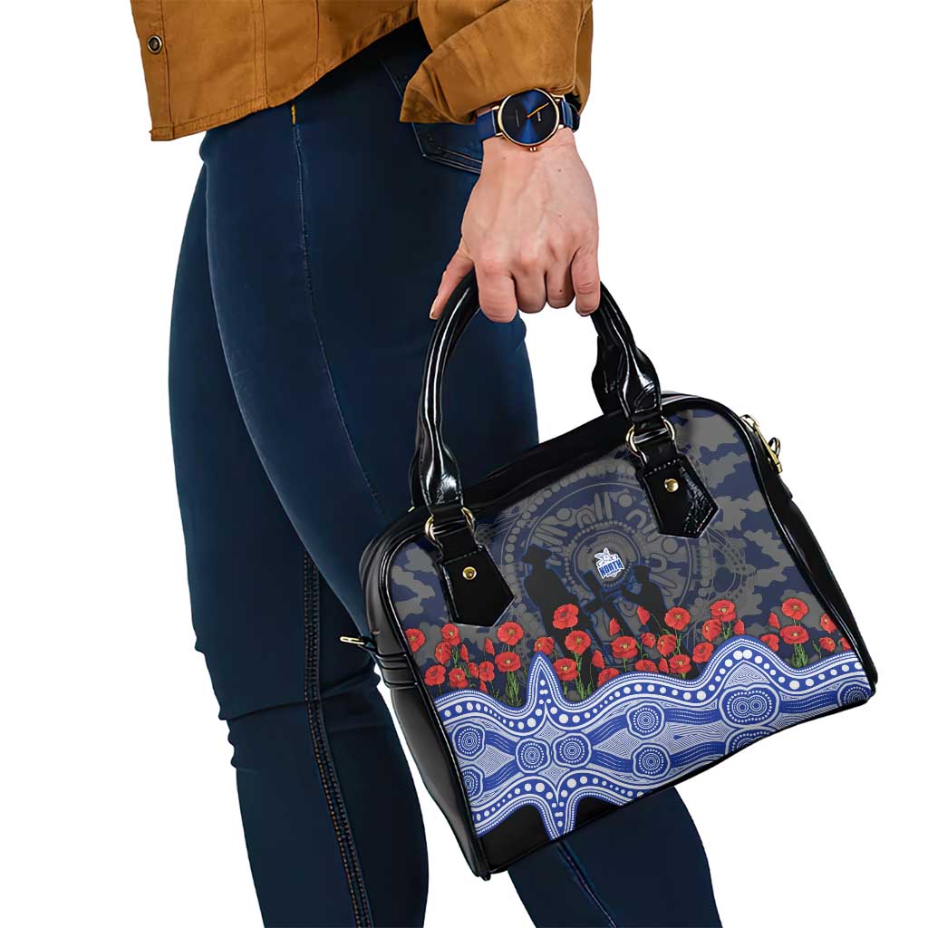 North Melbourne Kangaroos ANZAC Day Shoulder Handbag Indigenous Dot Art with Poppy Flower Tribute