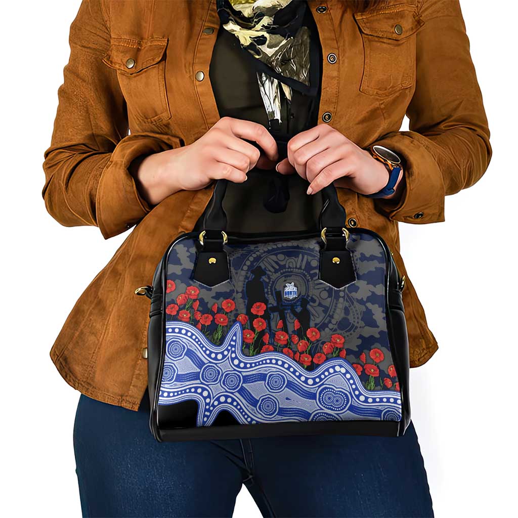 North Melbourne Kangaroos ANZAC Day Shoulder Handbag Indigenous Dot Art with Poppy Flower Tribute