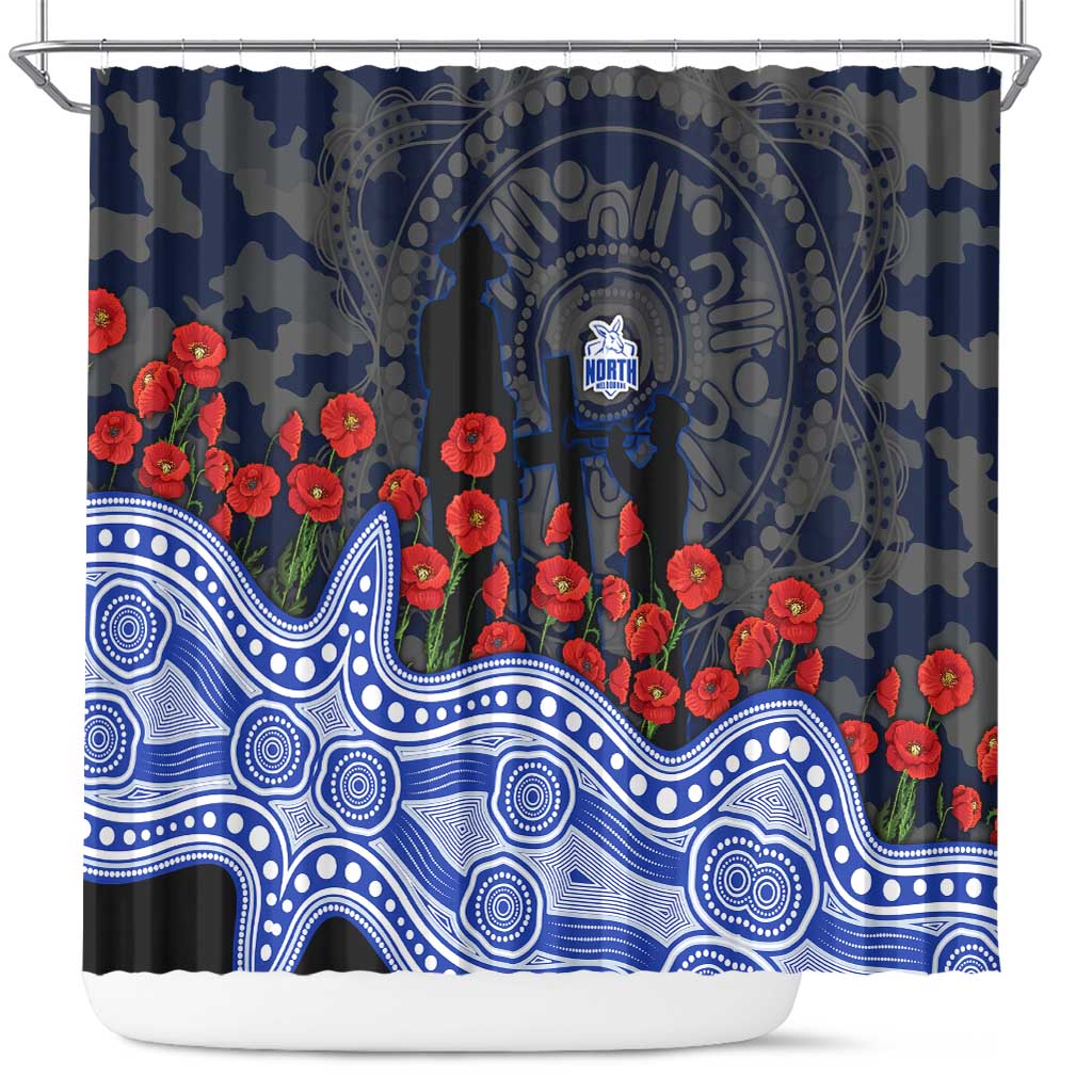North Melbourne Kangaroos ANZAC Day Shower Curtain Indigenous Dot Art with Poppy Flower Tribute