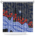 North Melbourne Kangaroos ANZAC Day Shower Curtain Indigenous Dot Art with Poppy Flower Tribute