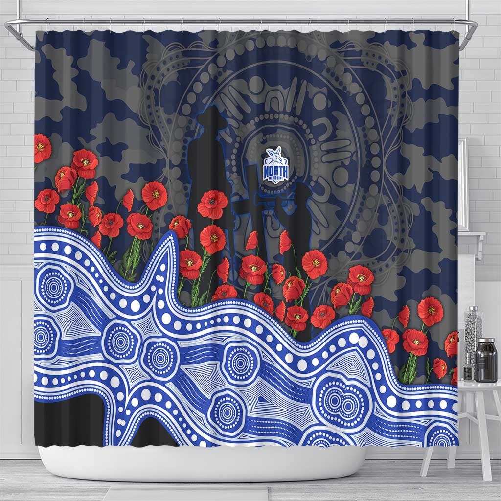 North Melbourne Kangaroos ANZAC Day Shower Curtain Indigenous Dot Art with Poppy Flower Tribute
